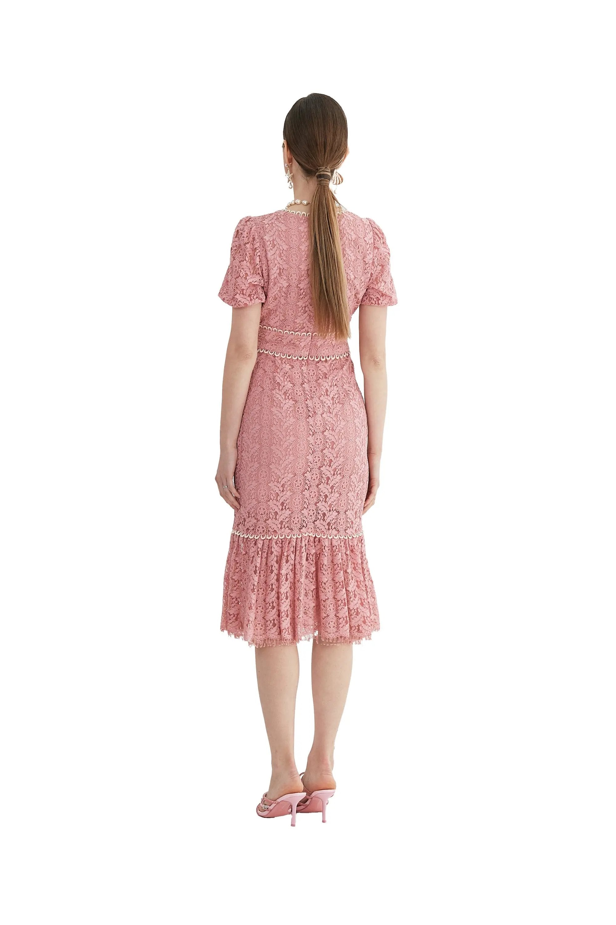 Elegant White and Pink Lace Midi Dress ULA